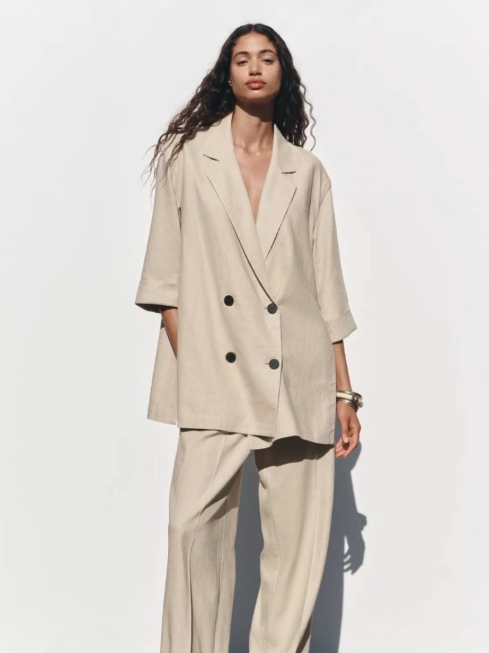 Zara Linen Blend Oversized Double Breasted Blazer Side Vents Beige Size M NWT